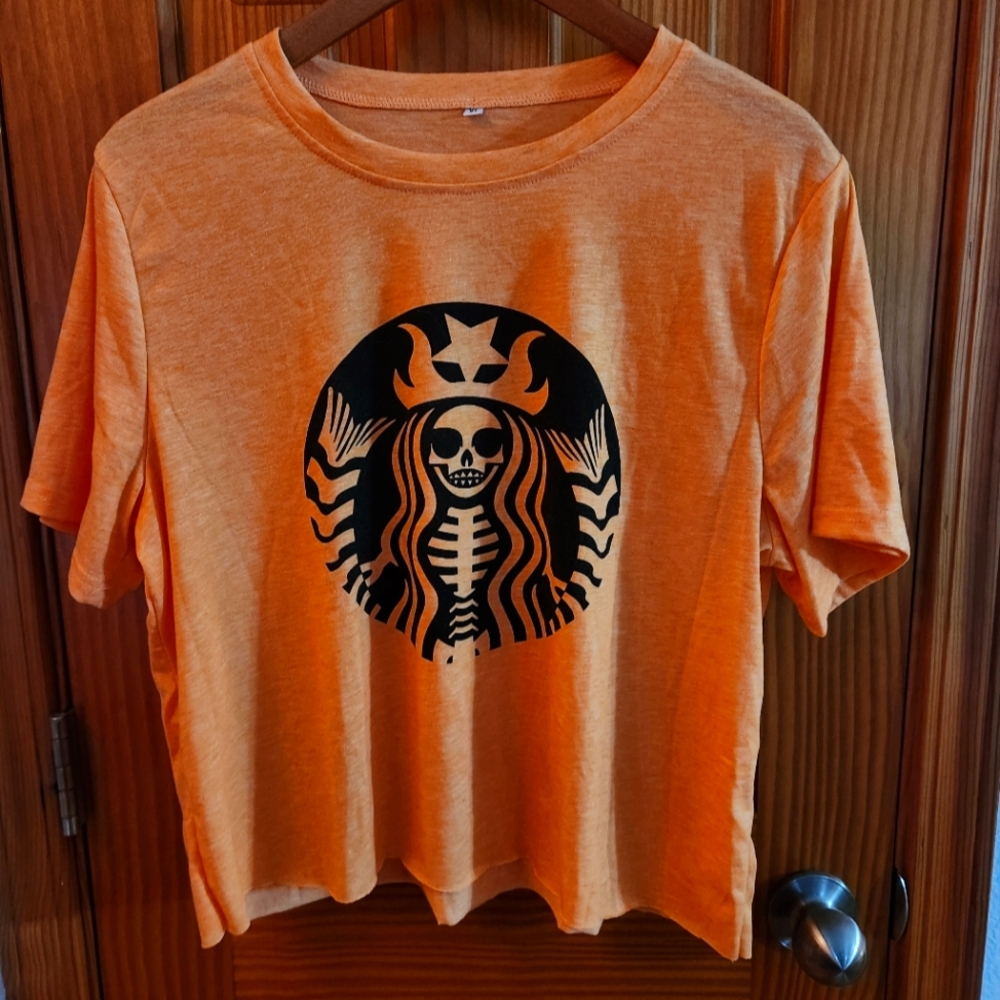 Halloween Starbucks Mermaid Skeleton Orange Graphic Croptop T-Shirt XL